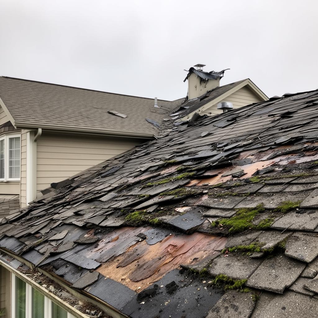 Decrepit roof with missing shingles, moss, and sagging ridge